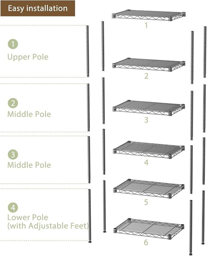 Golpart Small Shelves Storage Wire Metal Adjustable Shelf Unit with Wheels | 6 tier Shelving Organizers Storage Shelving for Bathroom Laundry Room Kitchen Pantry 11.7”D x 17.7”W x 61.6”H Black