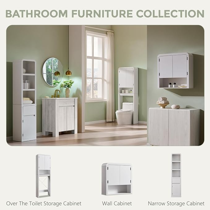 Over the Toilet Storage Cabinet, 69.69" Curved Bathroom Storage Organizer Cabinet with Doors and Adjustable Shelves, Wooden Free Standing Toilet Space Saver Rack, White