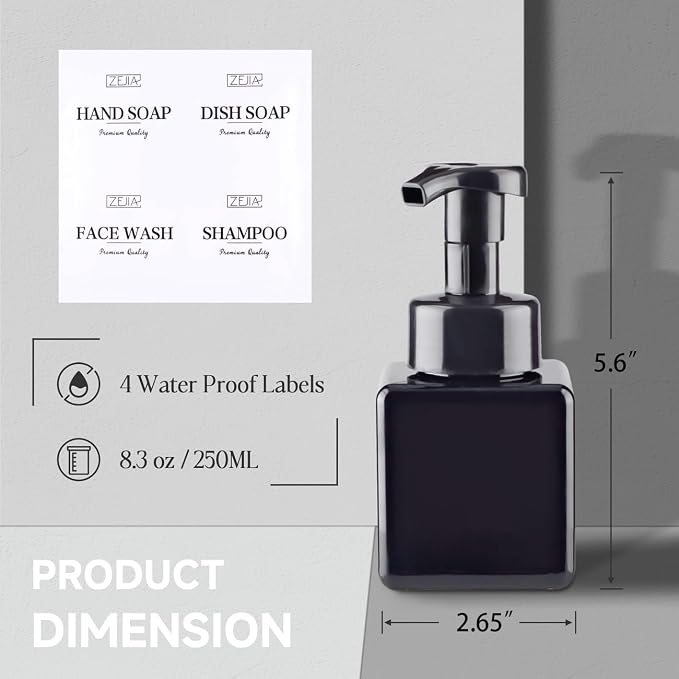 250ML Foaming Soap Dispenser, 2-Pack Plastic Hand Soap Dispenser, Refillable Leakproof Foam Pump Bottle with Waterproof Labels, for Shampoo, Body Wash