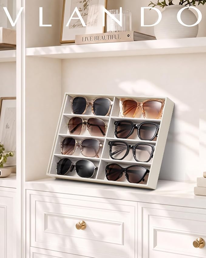 VLANDO Sunglasses Organizer,Stackable Jewelry Tray for Glasses,Toffee | Removable Dividers, Soft Velvet Lining, Drawer Organizer for Glasses, Watches, Vanity Display, Gift for Women Girl