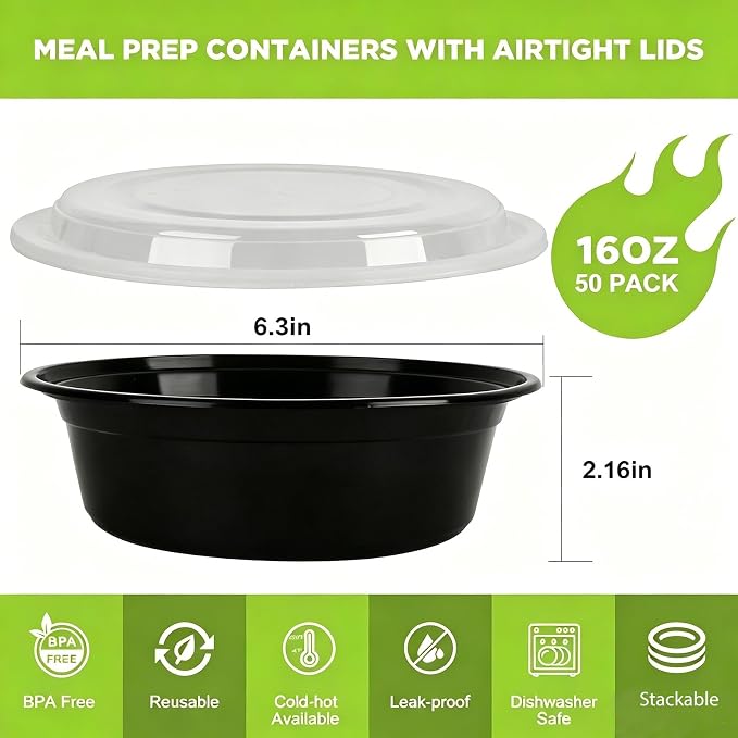 WGCC Meal Prep Containers with Lids - 50Pack 16OZ Meal Prep Bowls, Disposable Food Prep Containers, Round To Go Containers with Lids, BPA-Free, Freezer & Dishwasher Safe