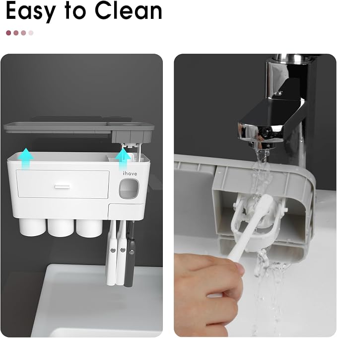 iHave Toothbrush Holders Wall Mounted with Toothpaste Dispenser & 3 Cups | All-in-One Bathroom Organizer: 3 Cups, 6 Slots, Toothpaste Dispenser, Large Tray & Drawer. Wall Mount, No Drilling Required