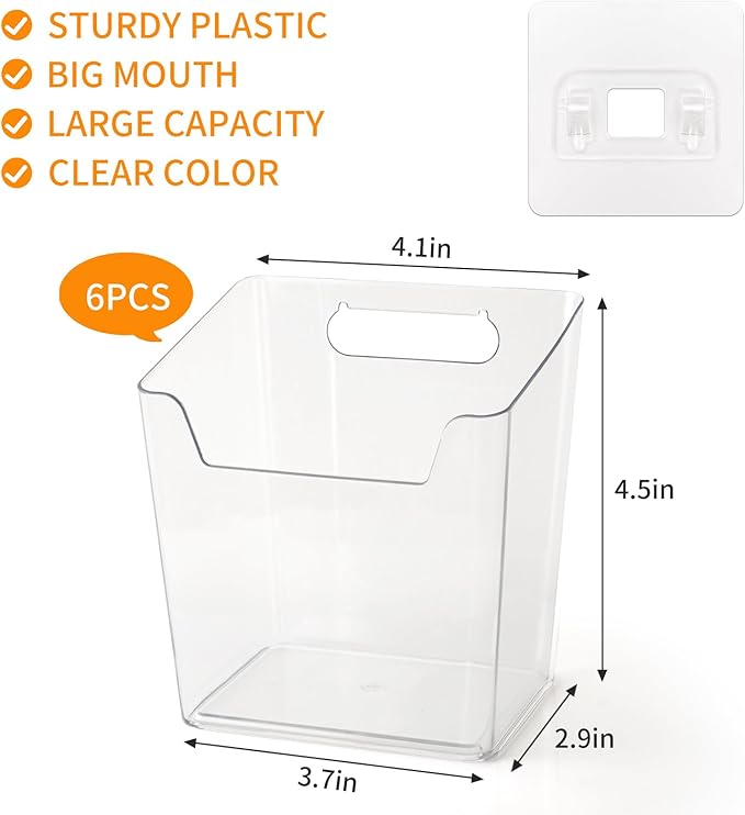 Wall Storage Cups 6 Pack Storage Organizer Holders Square Shape Box Hanging Wall Bins Baskets for Work Bench Craft Room, Office, kitchen, home Organization (Clear)