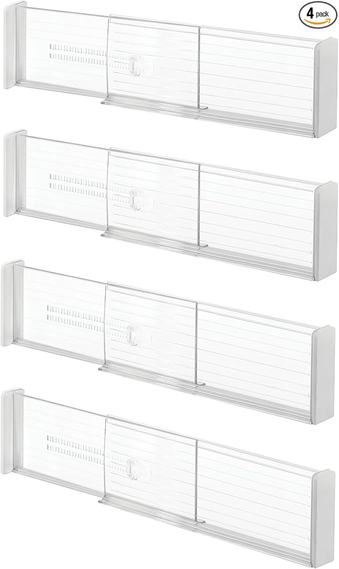 iDesign Plastic Adjustable Deep Drawer Dividers for Kitchen or Dresser Drawers - Set of 4 - Clear