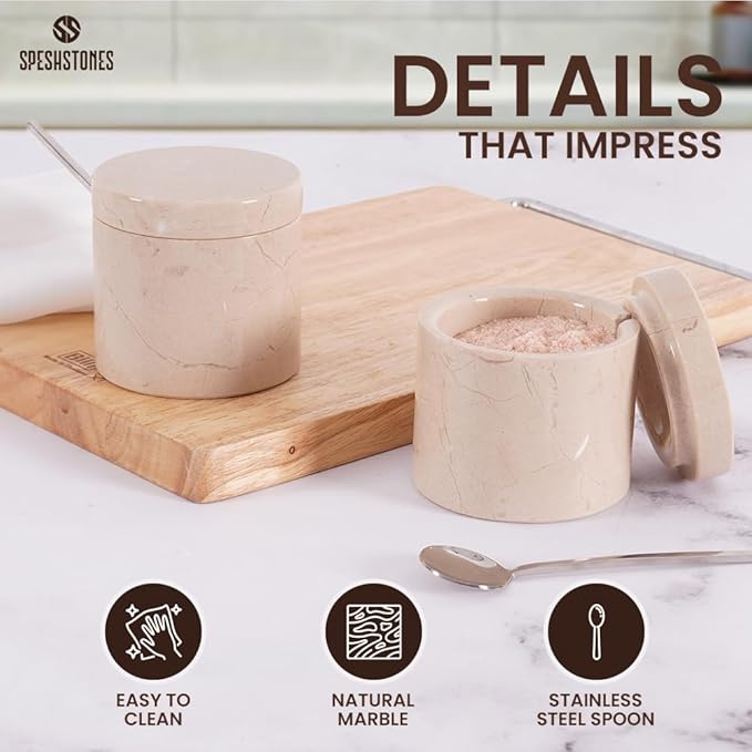 Marble Salt Cellar 3 Inch Beige Salt Shakers Set for Kitchen, Salt Containers for Countertop, Sugar Bowl With Lid, Salt Holder, Spice Jars for Seasoning Storage, Salt Box