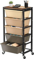 Rolling Cart with 5 Drawers, Plastic Drawer Storage Carts with Wheels & Wooden Tabletop, Metal Utility Cart for Office Bedroom Living Room Classroom, Craft Organization and Storage, Brown