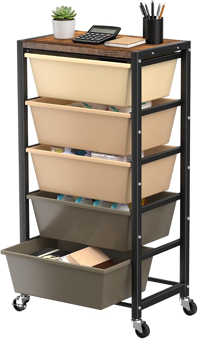 Rolling Cart with 5 Drawers, Plastic Drawer Storage Carts with Wheels & Wooden Tabletop, Metal Utility Cart for Office Bedroom Living Room Classroom, Craft Organization and Storage, Brown