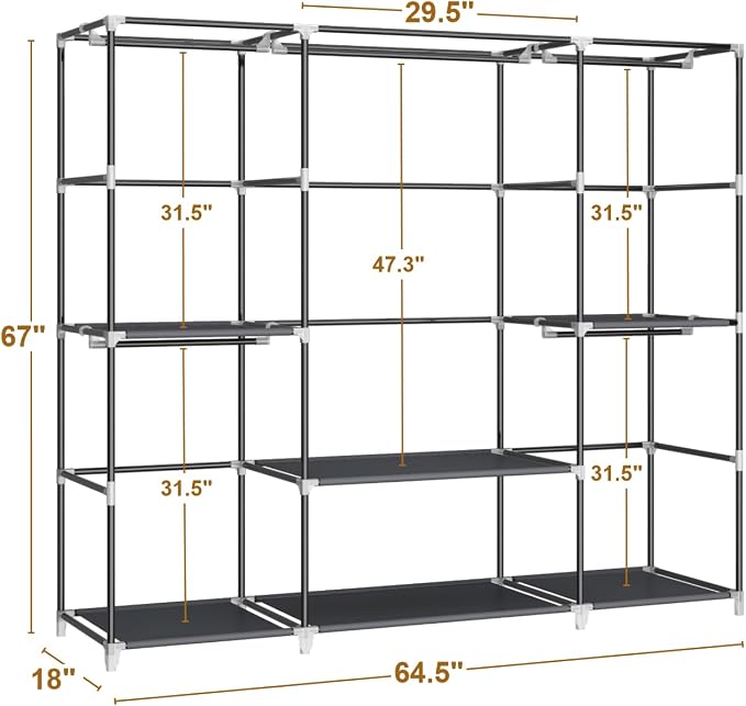 MOGELAFOO 64.5” Portable Closet, Freestanding Wardrobe Clothes Rack with Fabric Cover, 5 Hanging Rods and 6 Storage Shelves for Bedroom, Black