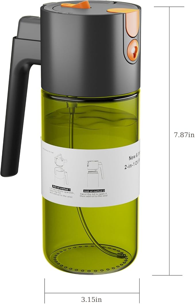 LAKUMIQI 2 in 1 Oil Sprayer & Dispenser, 17 oz Light-Blocking Glass Bottle | Large Capacity, Wide-Mouth for Easy Pouring and Cleaning, Leak-Proof Oil Bottle with Stickers for Salads, Air Fryers, BBQ