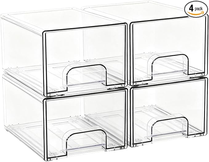 Acrylic Stackable Storage Drawers, [4-Pack] Clear Organizer Bins with Built-in Handles, Smooth Slide-Out Design for Vanity, Under Sink, Medicine Cabinet, Skincare, and More
