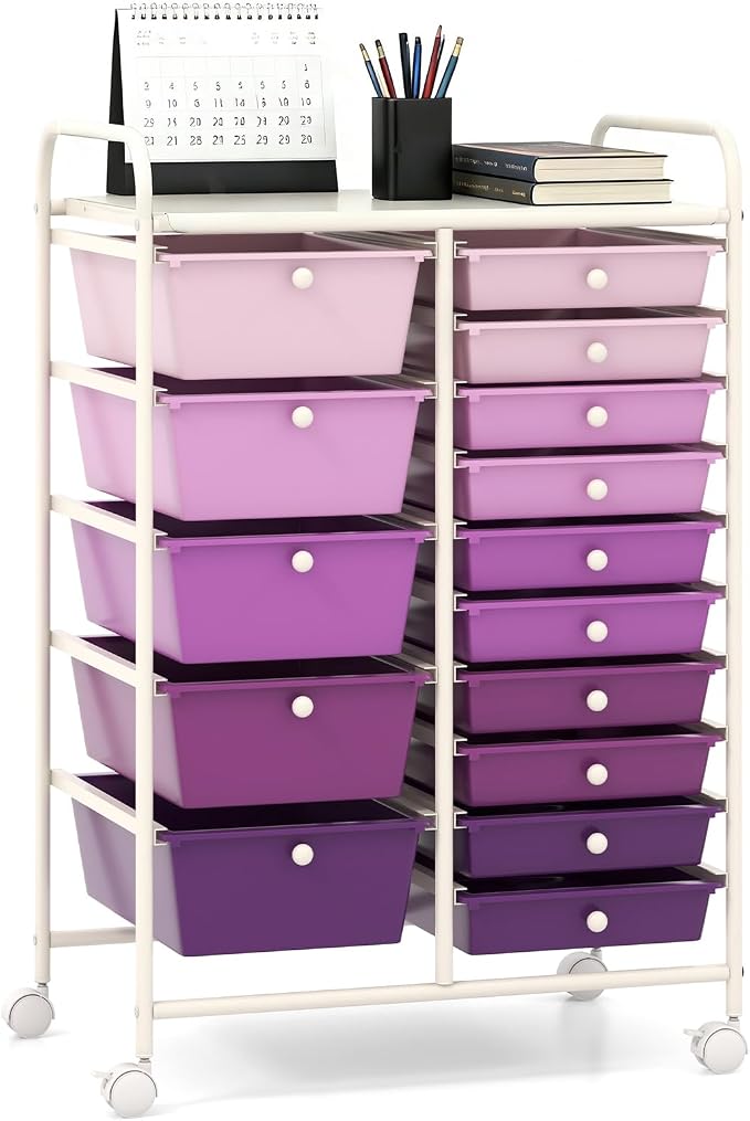 LUARANE Rolling Cart with 15 Drawers, Craft Storage Cart with Portable Handles & Lockable Wheels, Mobile Toys Organizer, Large Capacity Utility Drawer Cart Home Office School Teacher (Gradient Purple)