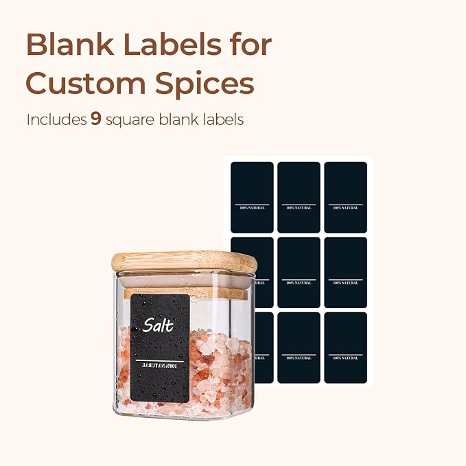 ComSaf Glass Spice Jars with Labels 4 oz 6 Pack Small Square Bamboo Lids | Empty Containers, Seasoning Herbs Powders, Salt Pepper Chili, Kitchen Cabinet Storage Starter Set, Dry Goods