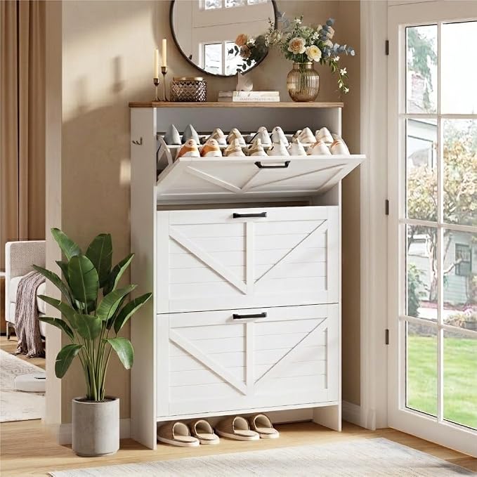 Nicetree Shoe Storage Cabinet for Entryway, Freestanding Fluted Accent Ultra Slim Shoe Cabinet with 3 Flip Drawers, Farmhouse Shoe Rack with 3-Tier Adjustable Shelves for Hallway Foyer Rustic-White