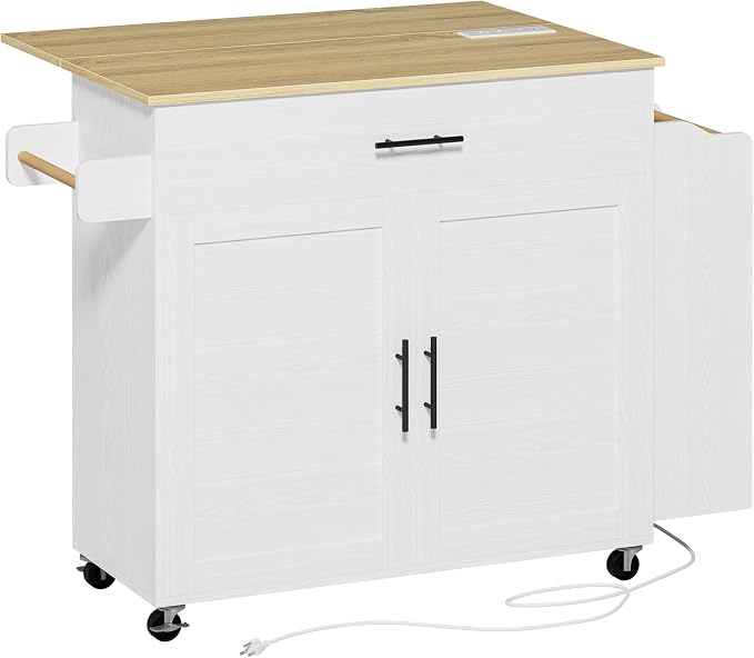 IRONCK Kitchen Island with Storage, Charging Station and Drop Leaf, White | Wheels, Drawers, Open Shelves, Drawer Storage, Everyday Home Use
