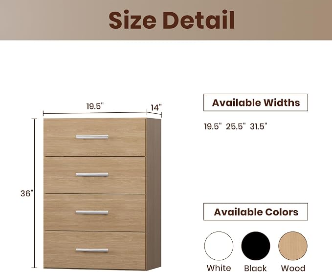 ROOMTEC 19.5" 4 Drawer Short Tower Closet Unit, Modular Closet System with Drawers and Shelf, Wardrobe Organizer for Bedroom or Walk-in Closet, Wall Mounted, Customizable Clothes Storage Unit, Wood