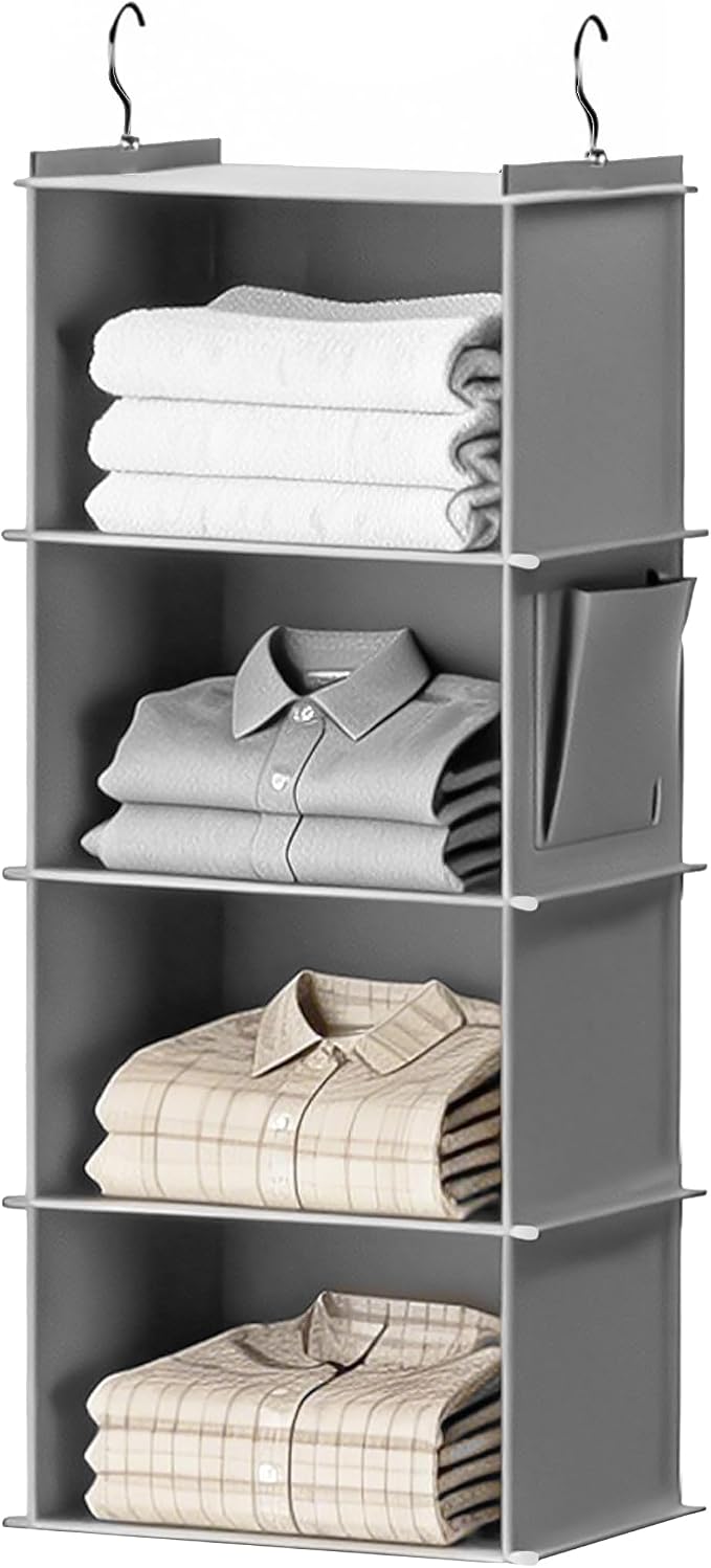 Foldable Hanging Closet Organizer, 4-Shelf Hanging Shelves with Side Pockets, Space Saving Storage for Clothes and Accessories