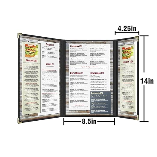 Goodsmart Restaurant Menu Covers – 25 Pack Black 6 Views Trifold, Side-Loading Menu Holders, Vinyl & Plastic Menu Covers, Clear Menu Sleeves, 8.5" x 14" & 4.25" x 14", Café Style with Gold Corners