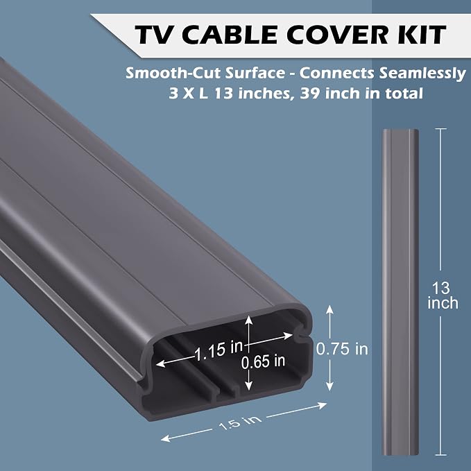 39in TV Cord Hider - Cord Covers for Wall Mounted TV Cable Hider Wall Kit | Wire Hiders for TV on Wall, Wire Covers for Cords, Cable Concealer Hide Cords, 1.5"W*0.75"H*13inL*3, Grey