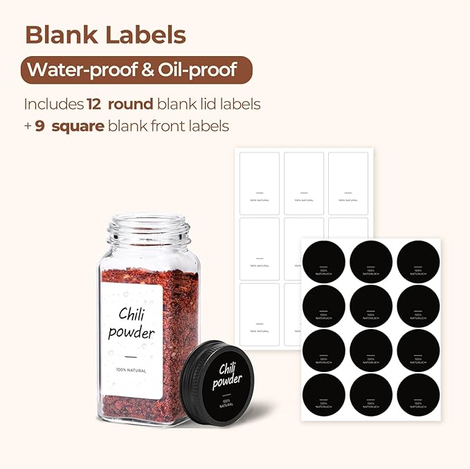 ComSaf Glass Spice Jars with with Labels 4 oz 6 Pack Small Square | Empty Containers, Seasoning Herb Powder, Salt Pepper Chili, Spice Rack Organization, Kitchen Cabinet Storage, Funnel Included