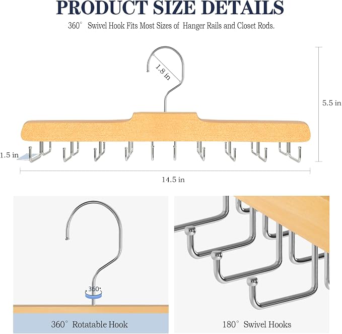 2PC Tie Rack Hanger for Closet, Upgraded Tie Holder Organizer for Men, Wood | Non Slip Neck Tie Organizer with 20 Foldable Hooks, Belt Hanger Space Saving, Fits for Tank Tops Bras Cami Scarves
