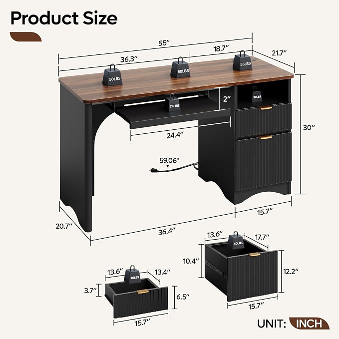Bestier Computer Desk with Keyboard Tray, 55 inch Office Desk with Power Outlet, Modern Home Office Desk with File Drawer (Walnut with Black, 55" W with Single-Sided Drawers)