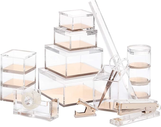 OfficeGoods Acrylic Desk Organizer w/Gold Base – Functional & Elegant Odds & Ends Box for Display or Storage – Perfect for Home or Office, Kitchen, Bathroom Vanity, Curio Display - Large