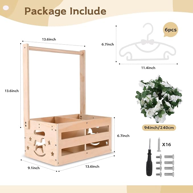 Baby Shower Crate Closet - Wooden Gift Basket with Hangers and Removable Divider, Personalized New Mom Gifts to Welcome Newborn Boys Girls (Natural Wood)