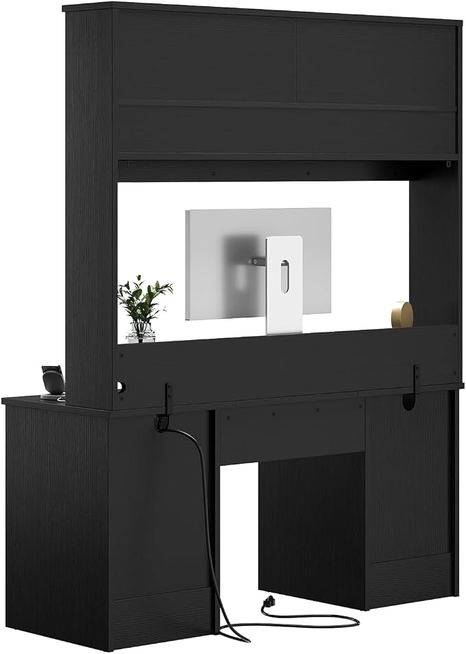 Bestier 77.8" H Computer Desk with Hutch, Charging Station, LED Light,Black | Modern Wood Executive Desk with Drawers, Fluted Storage Cabinet, Keyboard Tray, 59" W Office Desk for Home Office