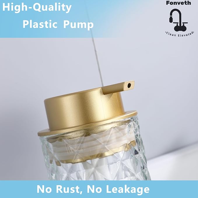 Foaming Soap Dispenser Clear Glass Bottle Gold Pump, Easy Refill and Clean Design Clog-Free Heavy Glass for Kitchen Bath