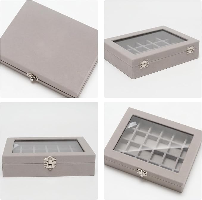 Small Velvet Jewelry Tray with Clear Lid, Lockable Ring Earring Holder Organizer Storage Box Case Jewelry Box Organizer for Rings Earrings Bracelets Brooches, 24 Grids Gray