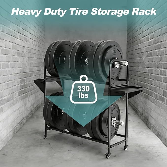 Hershii Rolling Tire Storage Rack, Tire Rack with Wheel,Tire Rack Storage | Adjustable - Black Steel Pipe and ABS, 24.80-42.51'' X 15.35'' X 44.09'' with 8 S Hooks and 2 Storage Shelves for Garage