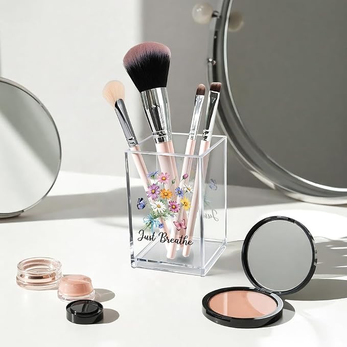 Just Breathe Acrylic Cosmetic Pencil Pen Holder Cup, Hope Inspirational Makeup Brush Organizer Holder, Women Faith Gifts, Encouragement Gifts for Women Mom Daughter Sister Friend Yoga Teacher