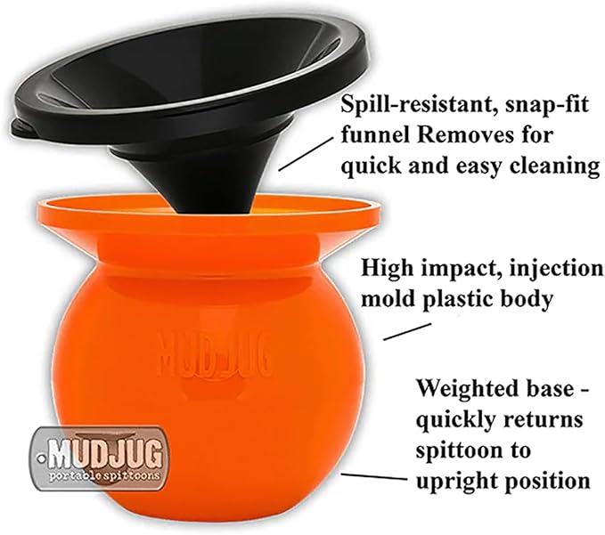 Mudjug Orange Classic Portable Spittoon – Travel Ready Spit Jug with Deep Funnel, Spill-Resistant Design, Weighted Base for Enhanced Stability, Easy to Carry Dip Spit Cup