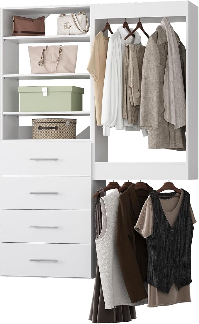Modular Closet Organizer, 61" Wide Tower and Drawers, White Walk In Closet Storage, Wall Mounted Wardrobe Organizer Kit