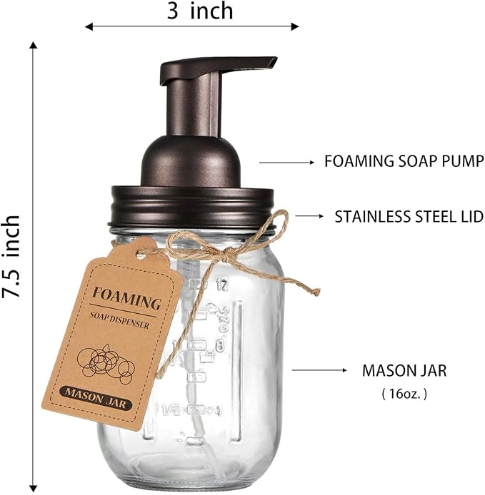 SheeChung Mason Jar Foaming Soap Dispenser-Rustproof Stainless Steel Lid & Foaming Soap Pump, Refill Foam Hand Soap Dispenser Glass for Bathroom Kitchen Vanities, Countertops-Bronze (1 pk)