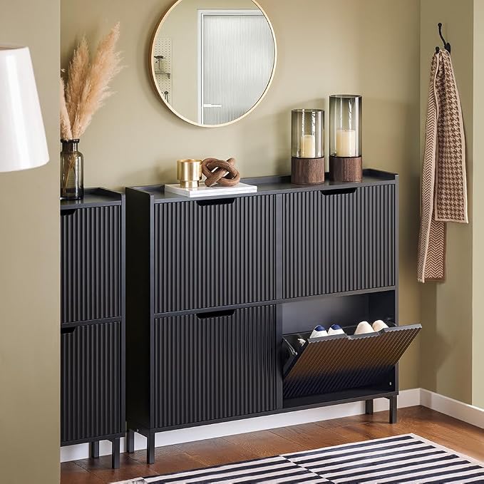 SoBuy Shoe Storage Cabinet for Entryway | Freestanding Shoe Organizer Cabinet, Narrow Slim Hidden Shoe Rack, FSR177 (Black, 4-Drawers)