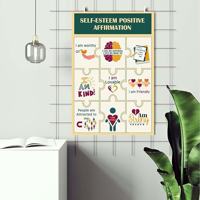 LOLUIS Mental Health Poster, Therapy Educational Supplies Art Print Classroom School Office Decor (Self-Esteem Positive Affirmations, Custom Frame Type)