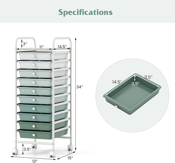 LDAILY 10-Drawer Rolling Storage Cart, Rolling Storage Cart, Storage Organizer on Wheels, Metal Frame, Scrapbook Paper Tools, Suitable for Office School, Classroom (Gradient Green, 10 Drawer)