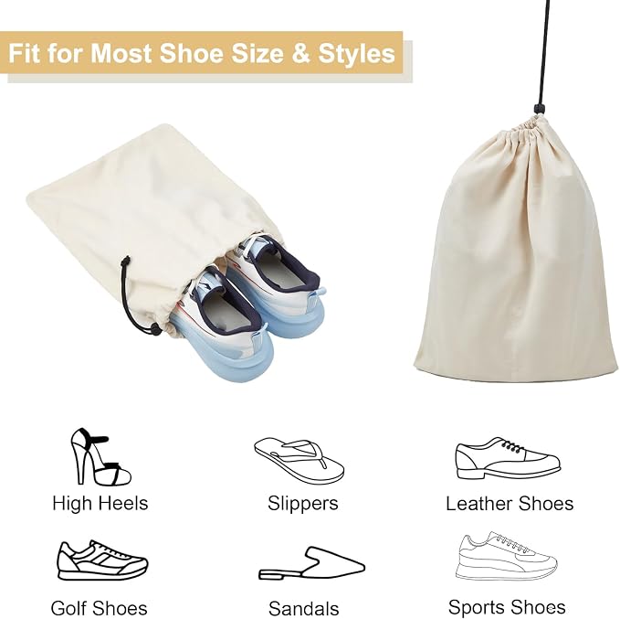 4 Pack Shoe Bags for Travel, Shoes Pouch with Partition Design & Drawstring Closure, Shoe Bags for Storage, Travel Essentials for Men Women (Beige)