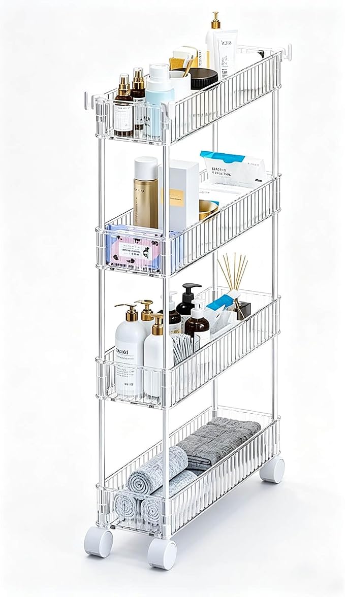 4-Tier Plastic Rolling Utility Cart with Wheels, Multifunctional Storage Organizer Cart for Home, Office, Kitchen & Bathroom, Ultra Narrow & Clear, 4.7”W * 12.8”L * 33”H