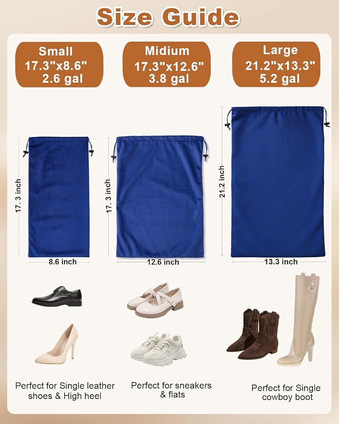 4 Pcs Shoe Bags for Travel, Large Boot Bag, Palace Blue, 21.2x13.3 Inch | Washable & Reusable Travel Shoe Bags, Dustproof Shoe Bags with Drawstring Closure, Suitable for Travel, Home Storage