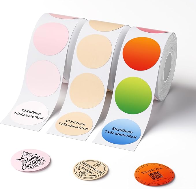 NIIMBOT 3 Roll Set Round Labels, 50x50mm Pink/ 41x41mm Kraft/ 50x50mm Misty | Compatible with B1/B2/B21, for Address, Thank You Sticker, for Home Kitchen Pantry Oragnization