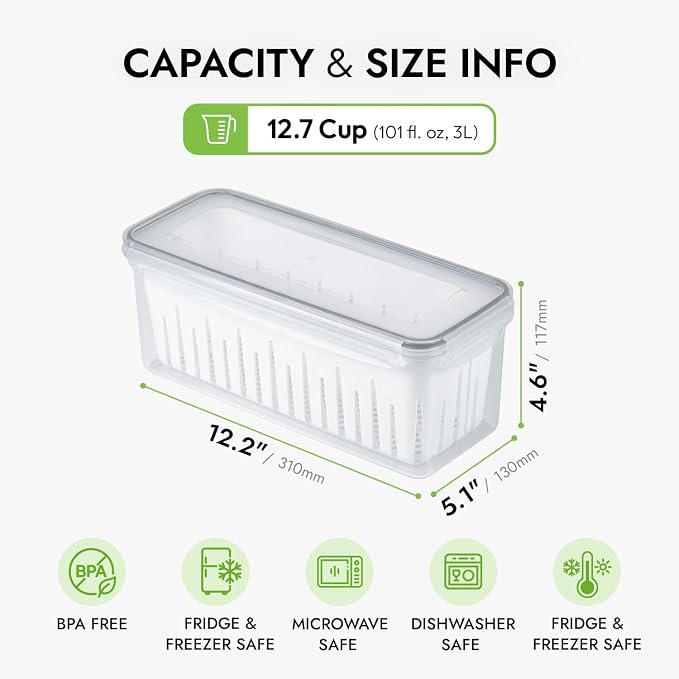 carrotez 12.7 Cup Produce Saver Container for Fridge with Colander - 3.0L | Airtight Fruit & Vegetable Storage Bin, Removable Strainer Basket, BPA-Free, Stackable, White Colander