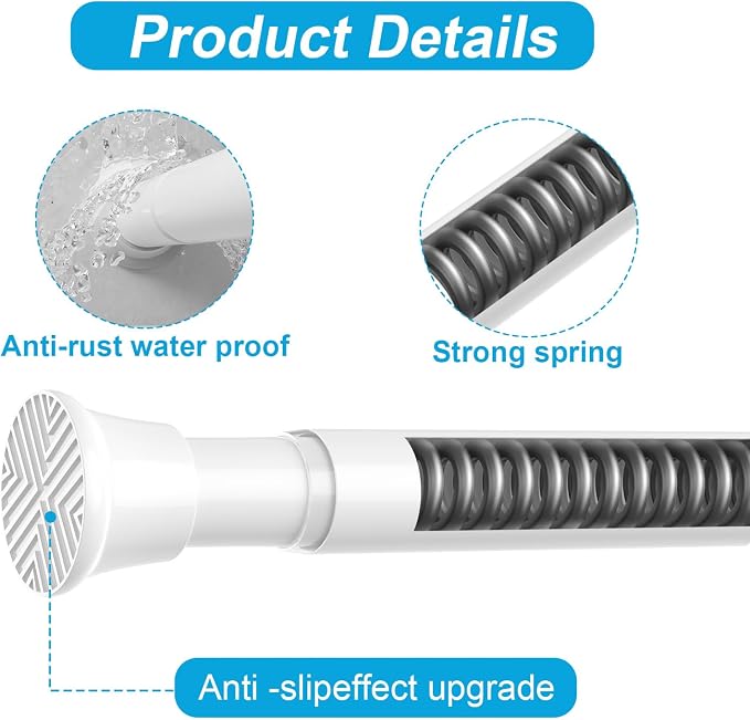 Tension Curtain Rods for Windows 24-48Inch Spring Tension Rod Adjustable Curtain Rods No Drilling White Tension Rod Expandable Pressure Spring Tension Rod for Closets