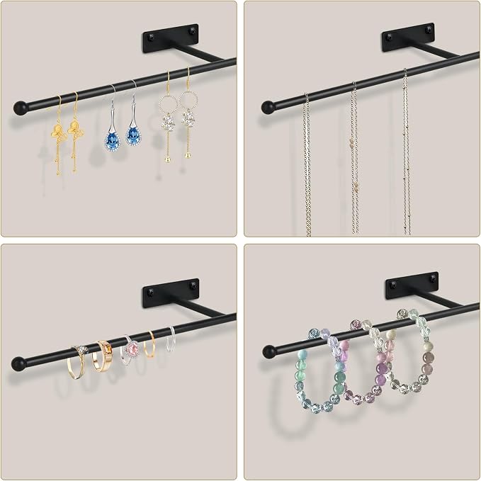 2 Pack Wall Jewelry Organizer, 14.5'' Necklace Holder for Hanging Earring, Ring, Bracelet, Hairband, Glasses Storage, Decorative Space-Saving Jewelry Display-Black