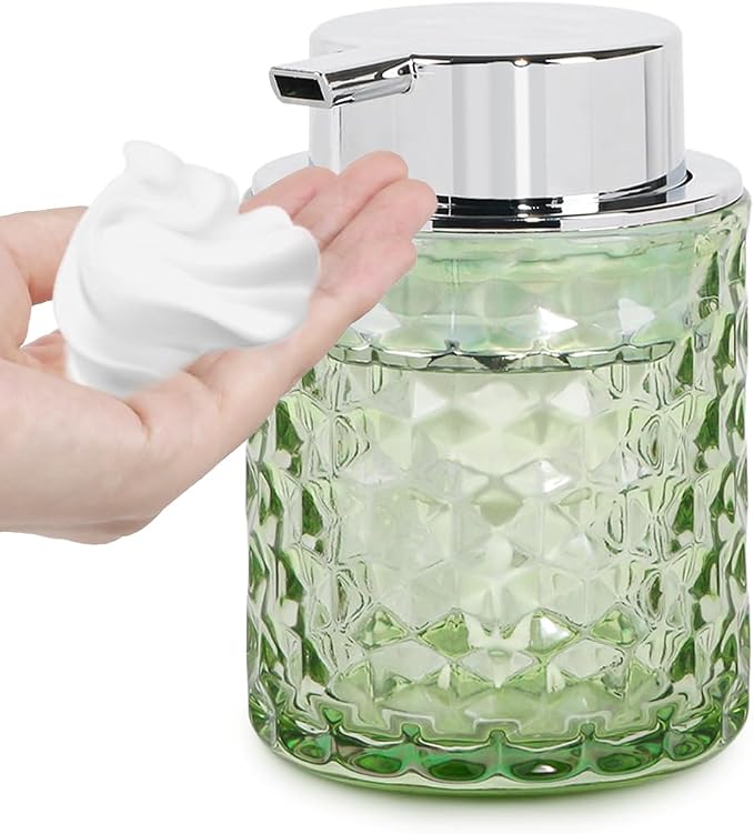 10 Oz Glass Hand Soap Dispenser with Pump, Refillable Bathroom Gold Foaming Soap Dispenser, Vintage Glass Diamond Lotion Container Bottle for Bathroom and Kitchen (1, Green and Silver)