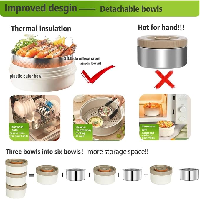 67oz/2L Thermo for Hot Food, 304 Stainless Vacuum Insulated Soup Thermo, Leakproof Thermal Lunch Box with 3 Stackable Bento Boxes & Leakproof Sauce Cups for Adults Office Travel Camping - Green