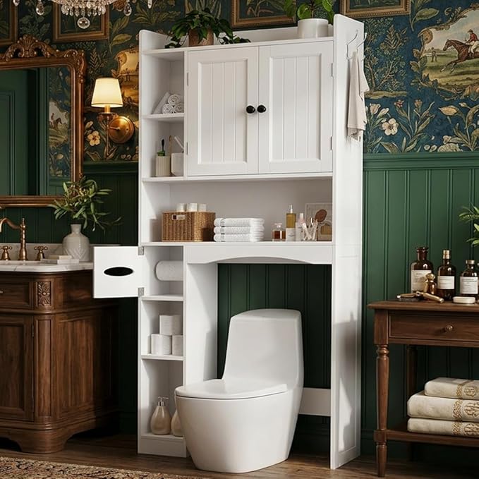 Gizoon 66''H Over The Toilet Storage Cabinet, Over Toilet Storage Cabinet White, Over Toilet Bathroom Organizer, with 2 Doors, Adjustable Shelf, for Bathroom, Laundry, White