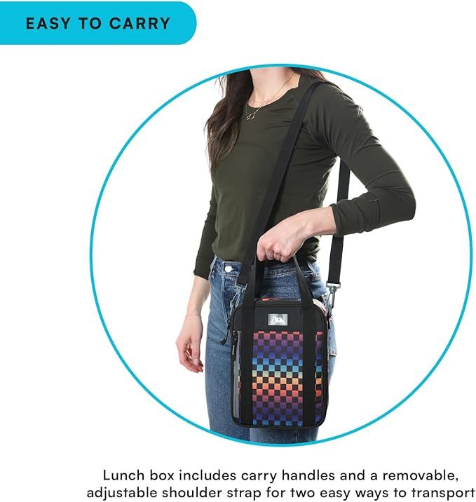Arctic Zone Urban Lunch Box Combo for Kids with Gel Ice Pack and Sandwich Container, Insulated Bag for Travel Lunch with Adjustable Strap, Checkered