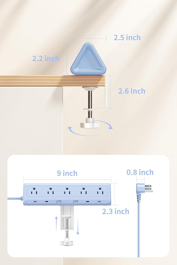 6.5 FT Desk Clamp Power Strip with 5 AC Outlets & 6 USB Ports PD 40W USB-C Fast Charging, Extension Cord with Multiple Outlets, Fits 2.1 in top Edge Blue